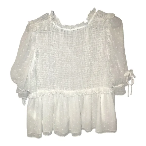 Zara White Smocked Peplum Blouse Small Boho Ruffle Sheer Top Feminine Romantic - Picture 3 of 8